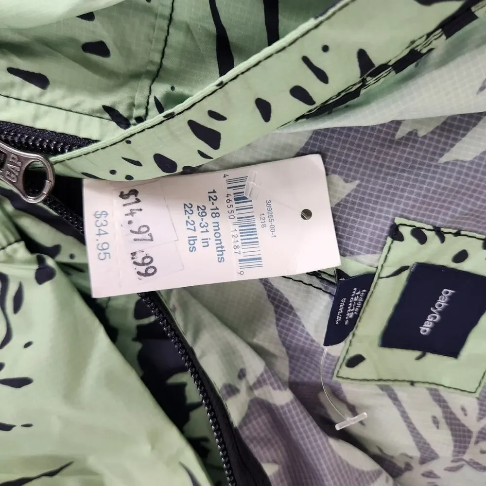 NWT Baby Gap Toddler Windbreaker Rain Jacket Hood Green Palms 12-18 M Zip Up